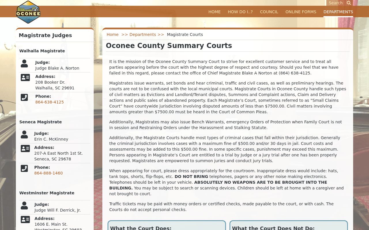 Oconee County warrant search reference showing county magistrate court locations and contacts