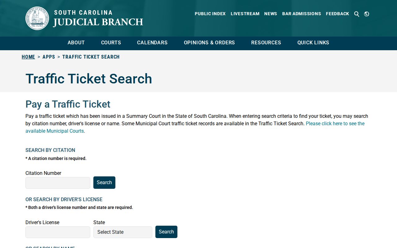 South Carolina traffic warrant reference showing the official ticket-search selector