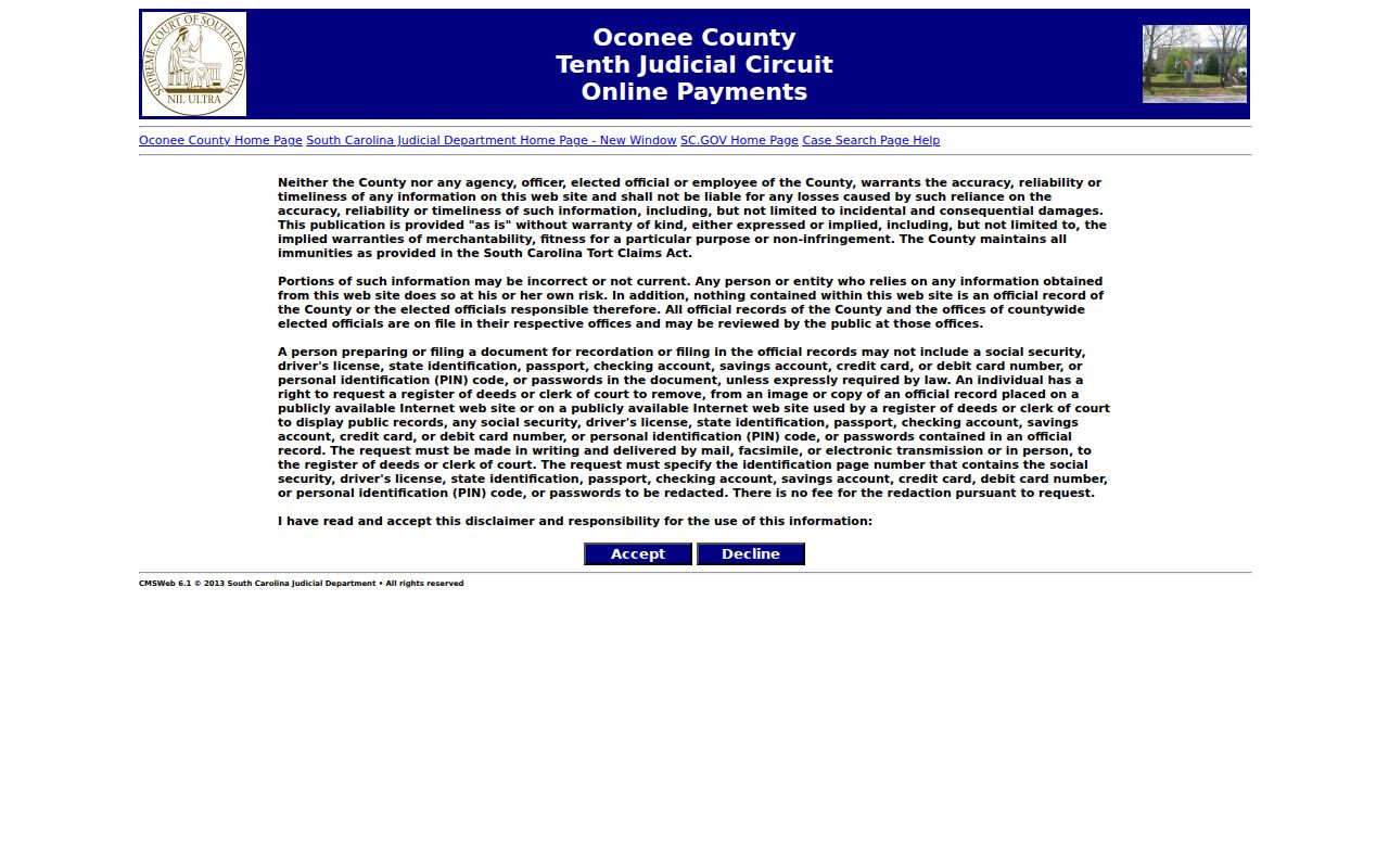 Oconee County traffic warrant reference showing the official court payment interface