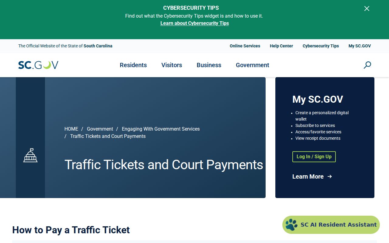 Oconee County traffic warrant reference showing South Carolina’s ticket selector and payment instructions