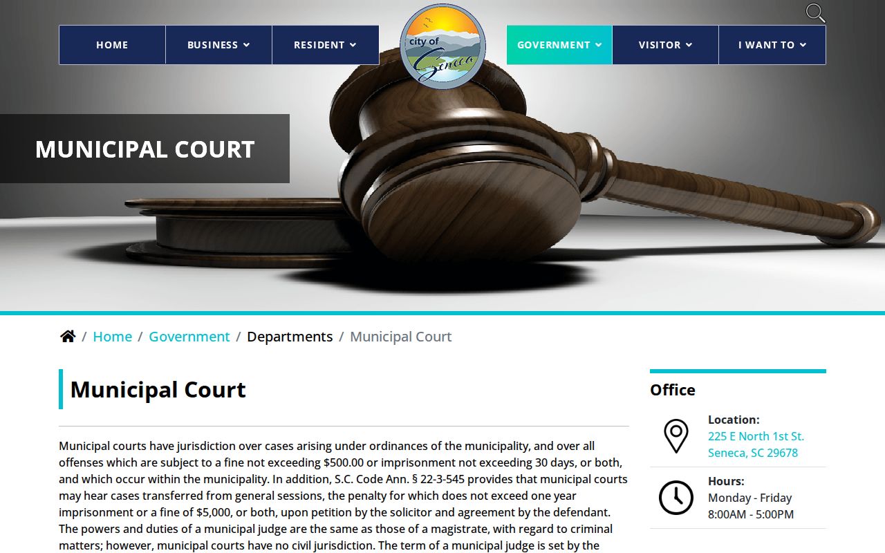 Oconee County traffic warrant reference showing Seneca Municipal Court payment and missed-date instructions