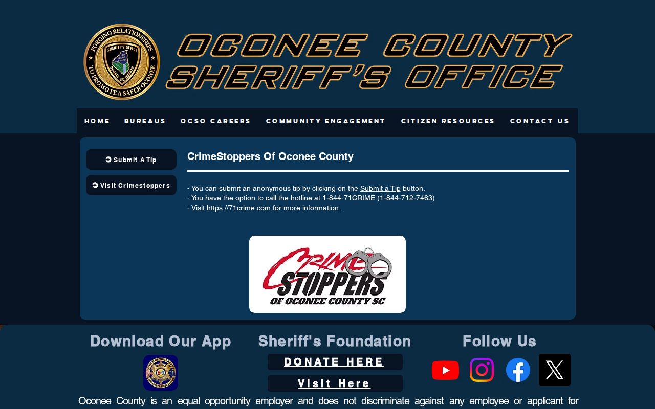 Oconee County most-wanted warrant program reference showing official CrimeStoppers tip information