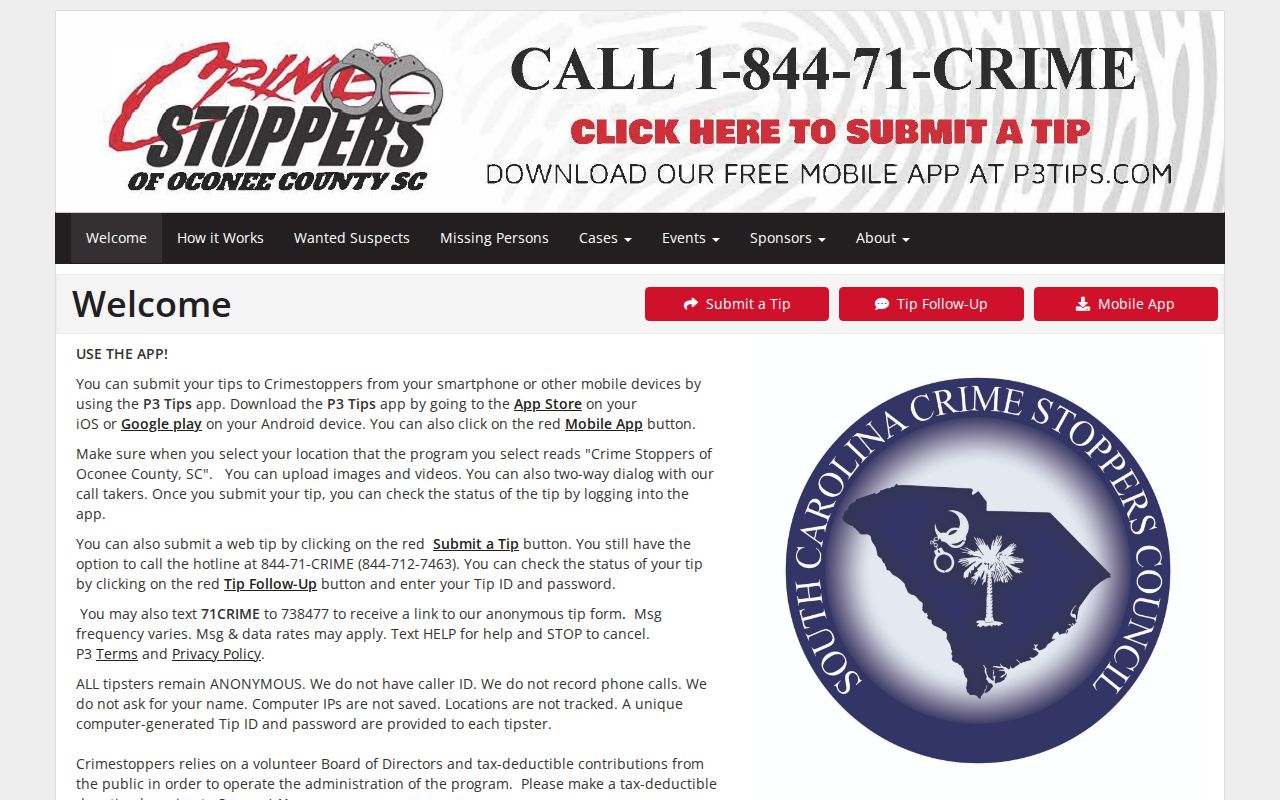 Oconee County most-wanted warrant program reference showing the official anonymous tip submission interface