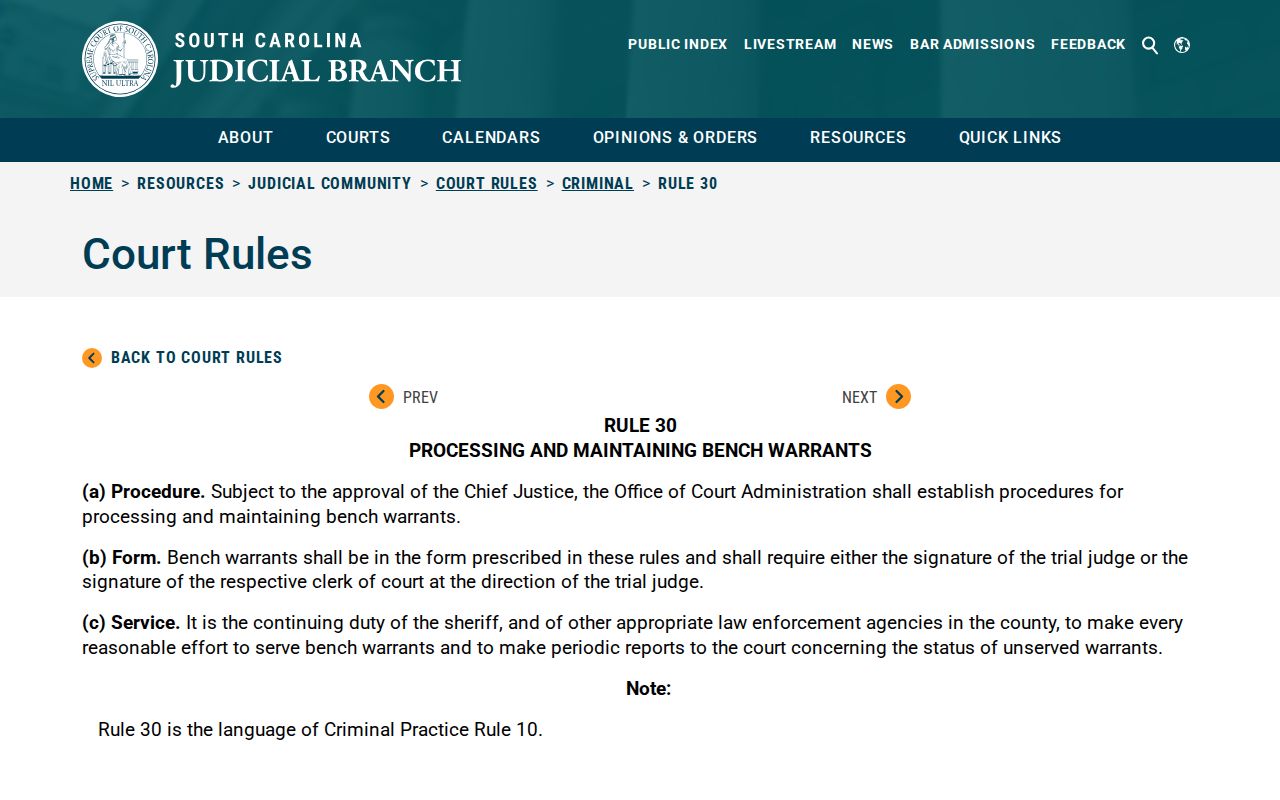 Oconee County active warrant records reference showing South Carolina Rule 30 service-duty text