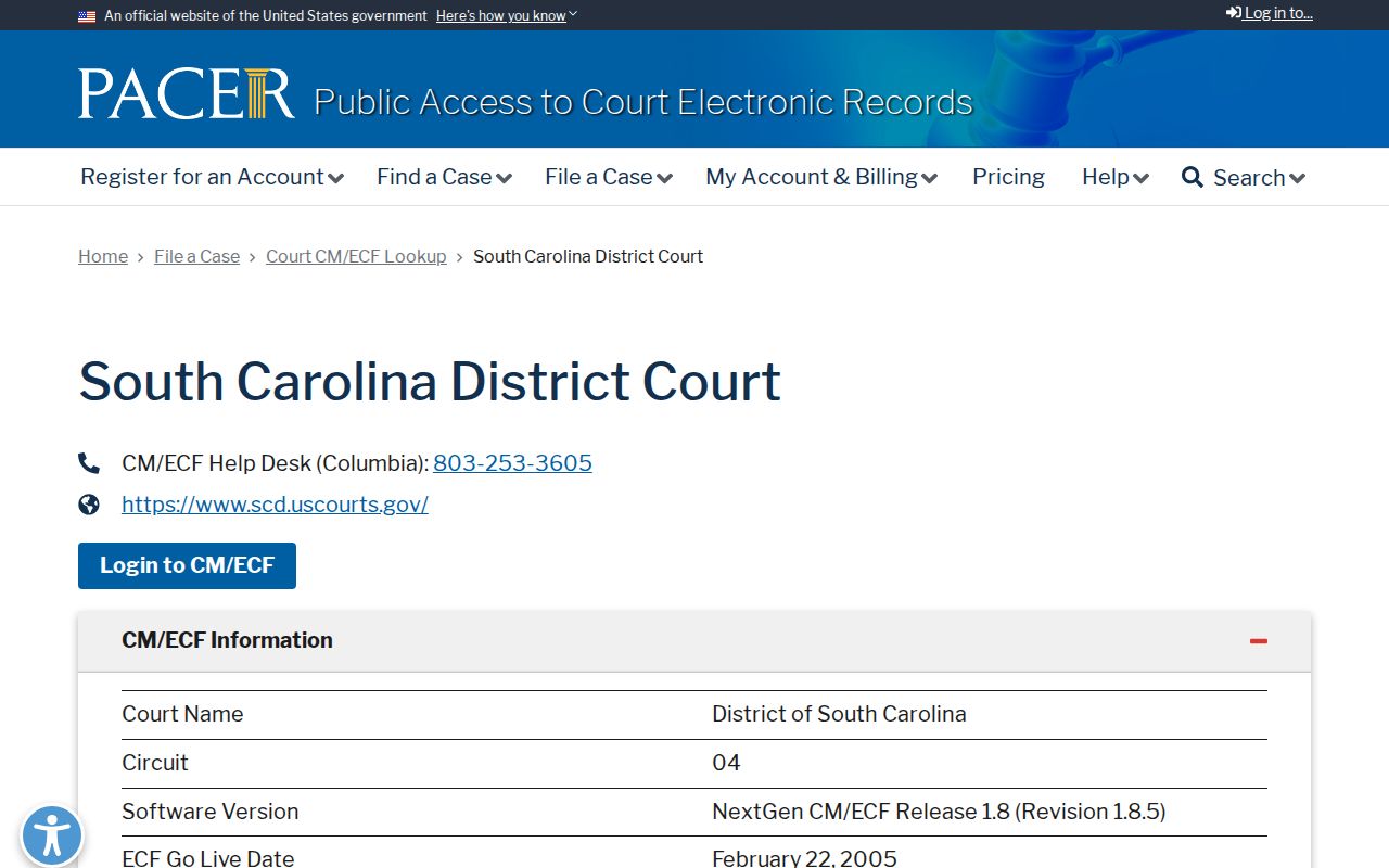 Oconee County federal warrant reference showing the PACER District of South Carolina court selector
