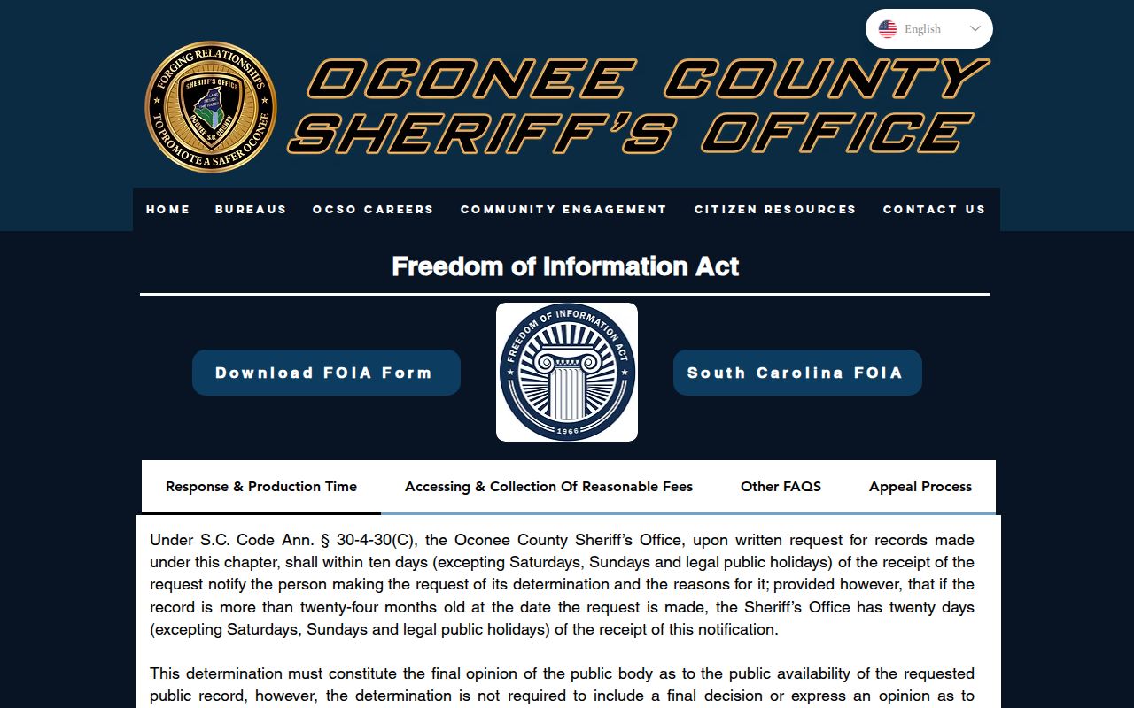 Oconee County warrant records reference showing the Sheriff’s FOIA request page